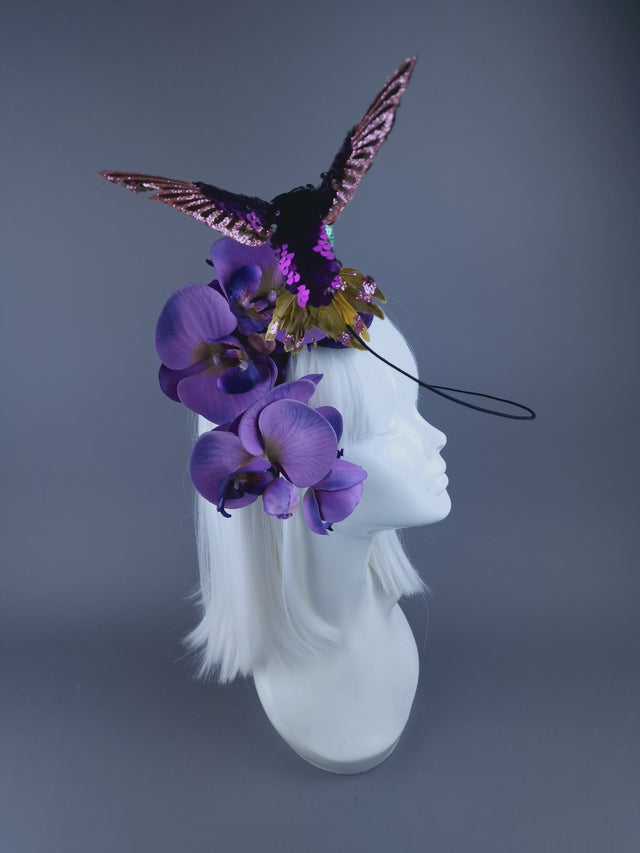 "Whir" Hummingbird & Purple Orchid Headdress