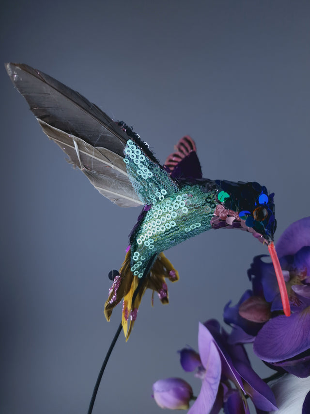 "Whir" Hummingbird & Purple Orchid Headdress