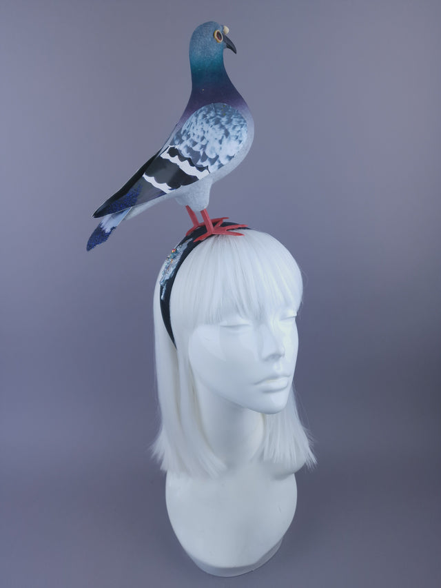 matt satin headband decorated with an XL pigeon and hand-painted glittery poop with pearl beads & crystals in them. 