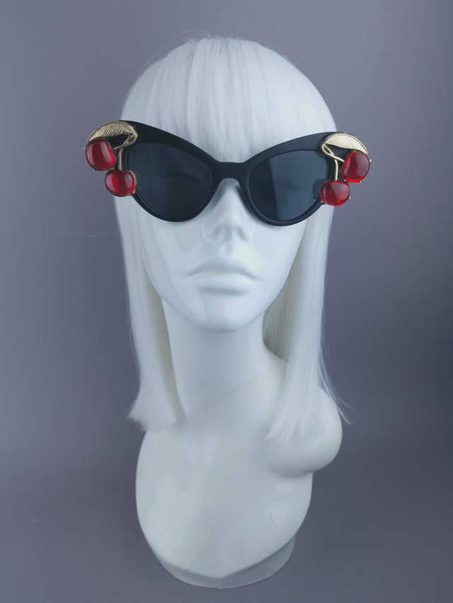 Pearls & Swine: Black Cat-Eye Sunglasses with Cherries "Jelly"