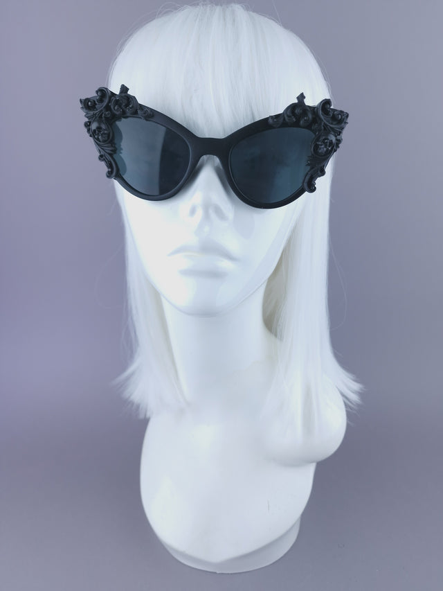 Pearls & Swine: Black Cat Eye Sunglasses with Filigree "Ricin"