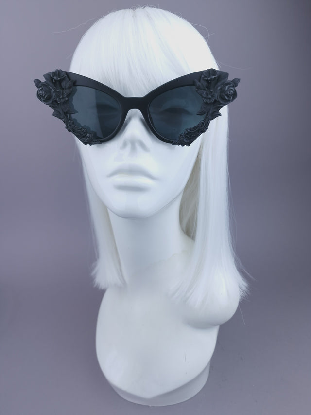 Pearls & Swine: Black Filigree & Rose Cat-Eye Sunglasses "Rose Noire"