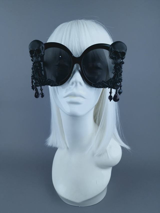 Pearls & Swine: Black Skull Oversized Sunglasses with Filigree & Beading  "Keres"