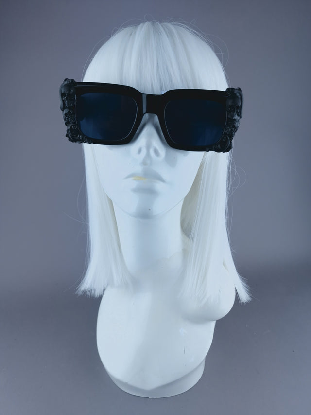 Pearls & Swine: Black Unisex Square Sunglasses with Skull & Snake "Perseus"