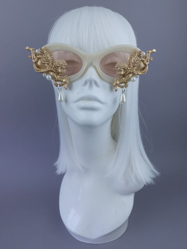 Pearls & Swine: Cream Sunglasses with Gold Angel Filigree & Pearls "Aniela"