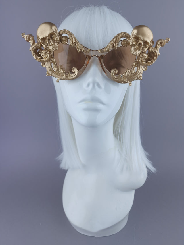 Pearls & Swine: Gold Skull Sunglasses with Filigree "Divya"