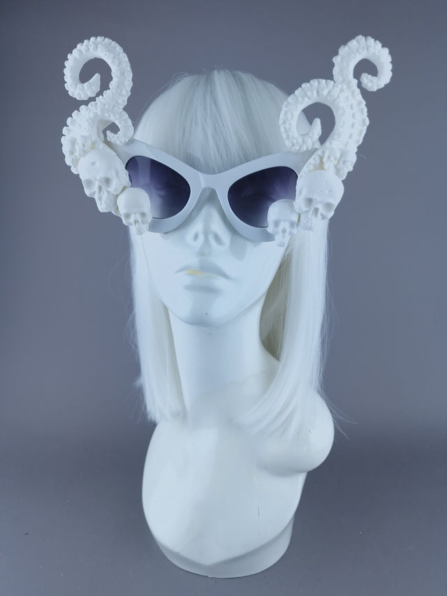 Pearls & Swine: OTT Statement White Sunglasses with Skulls Kraken Tentacles "Incantation"