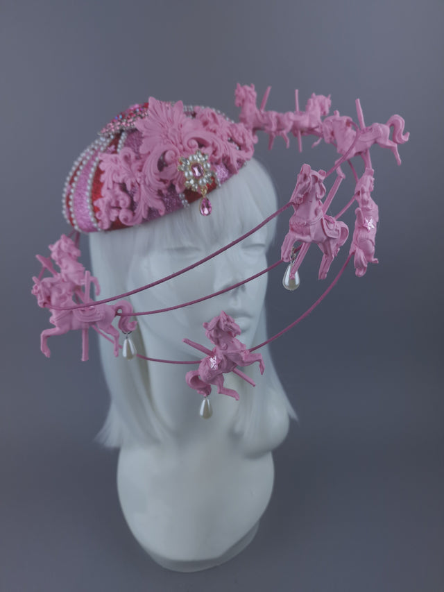 Pearls & Swine: Pink & Red Circus Carousel Wired Veil Hat "Cirque Forever"