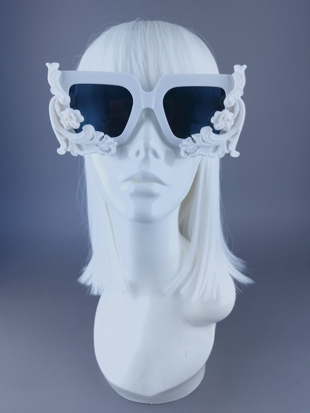 Pearls & Swine: White Square Unisex Sunglasses with Filigree & Skull "Cain"