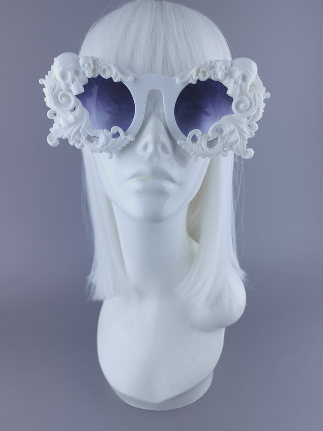 Pearls & Swine: White oversized Sunglasses with Filigree & Skull "Cruella"