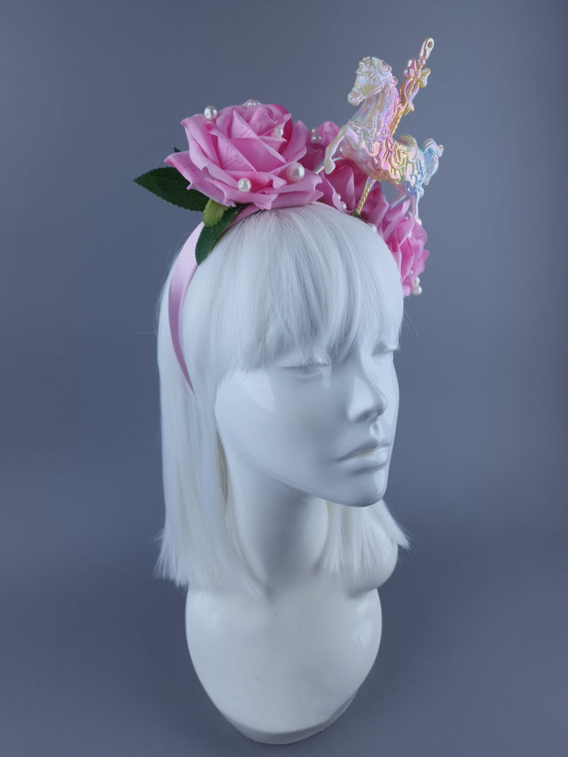 "Spin" Velvet Pink Rose, Pearls & Carousel Horse Headdress