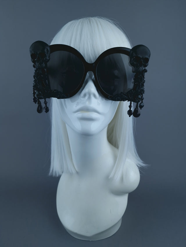 "Keres" Black Skull, Filigree & Beading Oversized Sunglasses