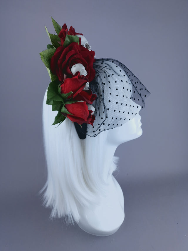 "Dearly Beloved" Red Rose, Skull Veil Headdress