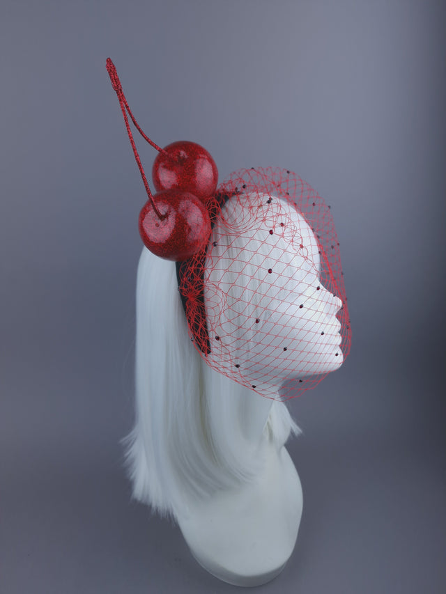 "Accro Aux Cerises" Large Red Glitter Cherries Crystal Veil Headpiece