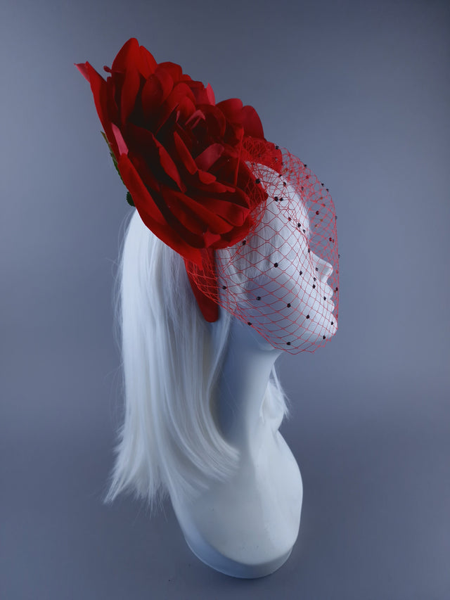 "Amias" Giant Red Rose Crystal Veil Headdress