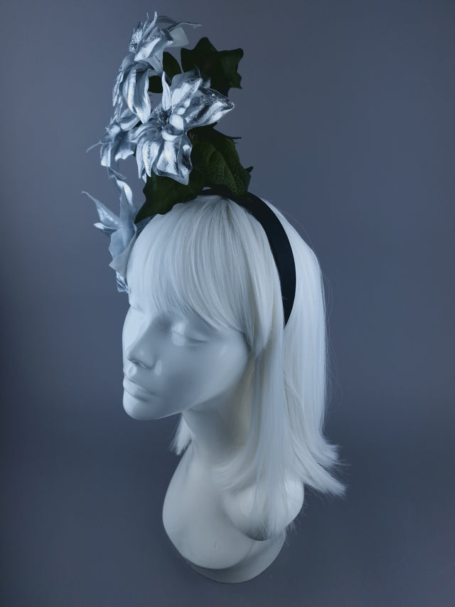 Metallic SIlver Poinsettia Xmas Headdress