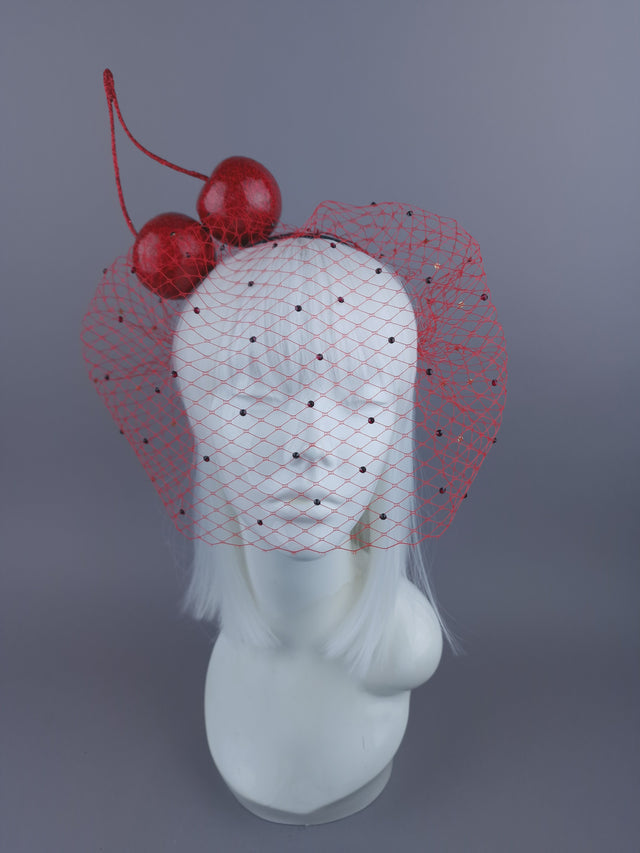 "Accro Aux Cerises" Large Red Glitter Cherries Crystal Veil Headpiece