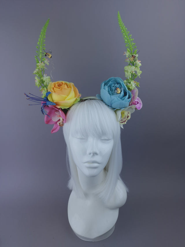 Pearls & Swine: Maximalist Floral Horn Headpiece with Bees "Fae"