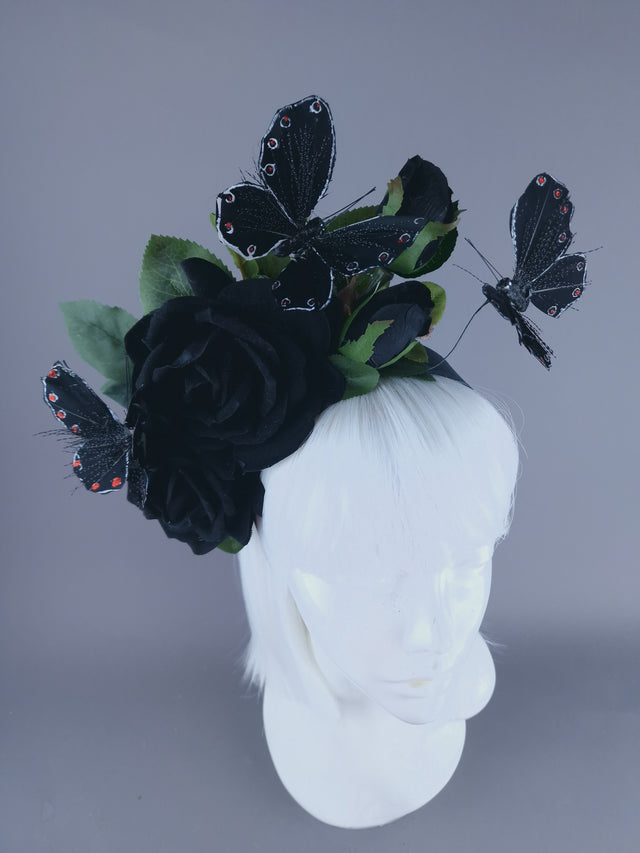 "Devaki" Black Rose & Butterfly Flower Headdress