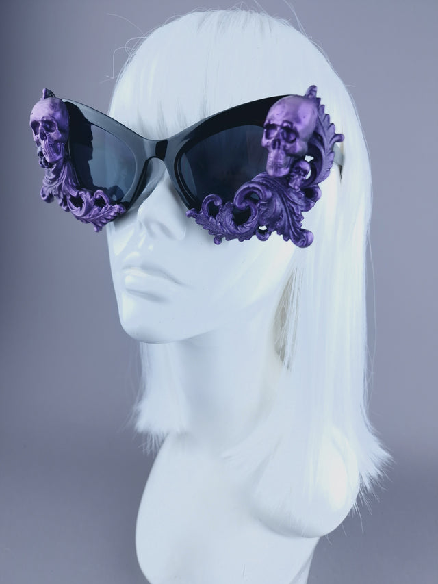 "Goth AF" Purple Black Filigree & Skulls Catseye Sunglasses