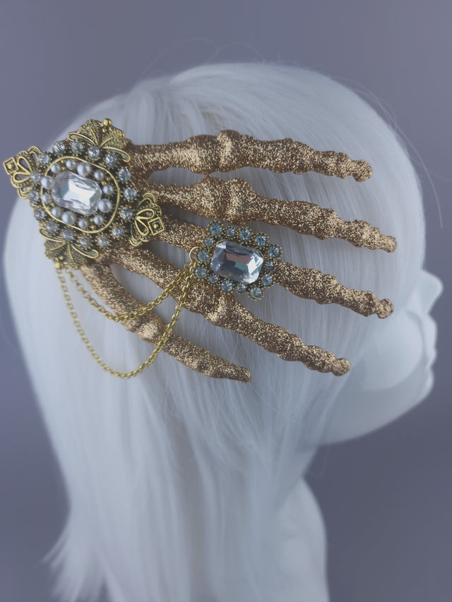 "Dust to Dust" Jewelled Glitter Skeleton Hand Mini Headpiece