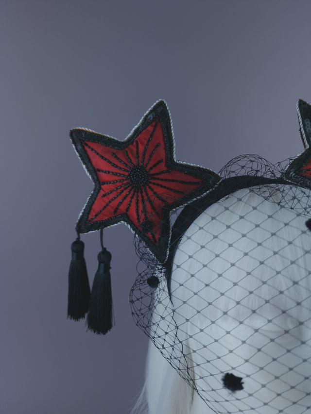 "Rubette" Red & Black Star & Tassel Veil Headdress