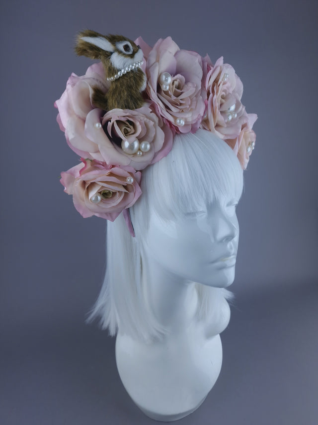 "Hoppit" Bunny Rabbit, Pearls & Pink Roses Headpiece