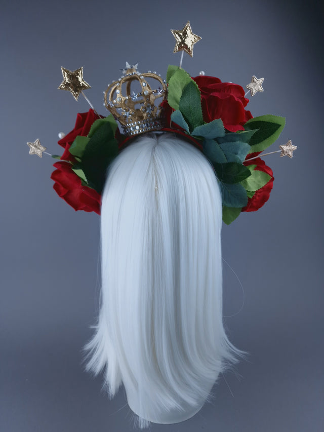 "Sanguis Christi" Red Rose, Pearls & Gold Crown Headdress