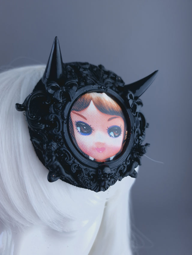 "Little Devil" Black Filigree Bradley Doll Face Mini Fascinator with Horns