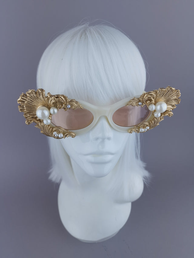 Pearls & Swine: Gold Shell, Filigree & Pearl Sunglasses "Coquillage"