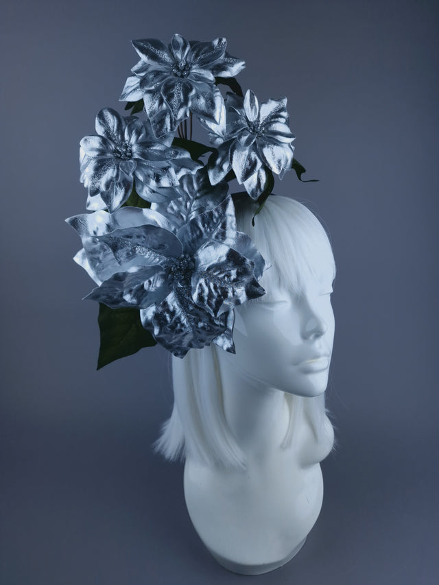 Metallic SIlver Poinsettia Xmas Headdress