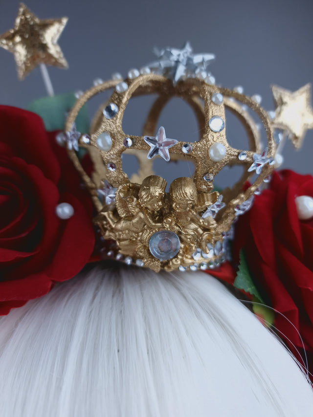 "Sanguis Christi" Red Rose, Pearls & Gold Crown Headdress