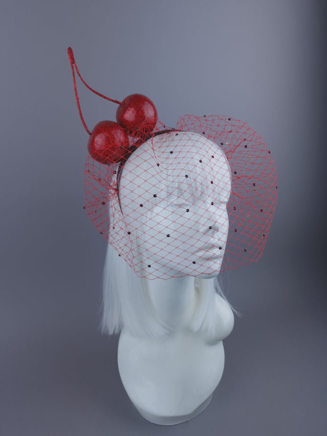 "Accro Aux Cerises" Large Red Glitter Cherries Crystal Veil Headpiece