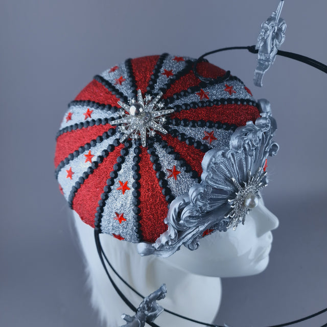 "Cirque Forever" Black, Silver & Red Circus Carousel Wired Veil Hat
