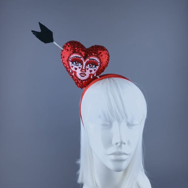 "Crush" Red Glitter Heart with Embroidery Face Headdress