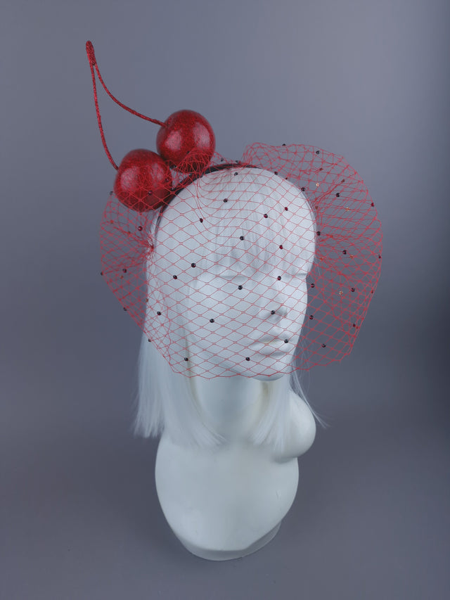 "Accro Aux Cerises" Large Red Glitter Cherries Crystal Veil Headpiece