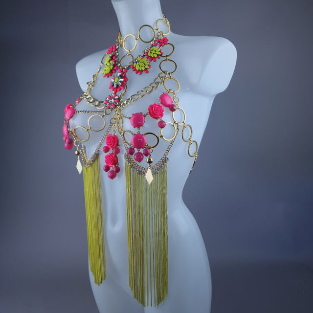 "Hermia" Neon Yellow & Pink Jewel & Chain Harness