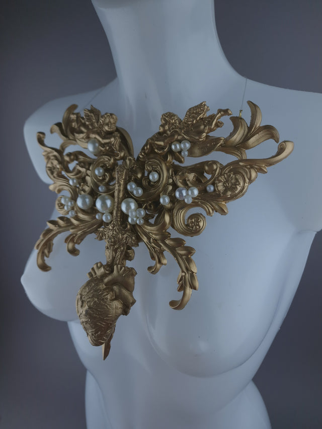 Pearls & Swine: Gold Filigree, Sword, Heart & Pearls Neckpiece "Covenant"