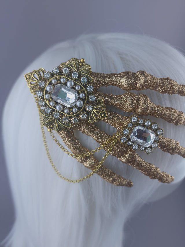 "Dust to Dust" Jewelled Glitter Skeleton Hand Mini Headpiece