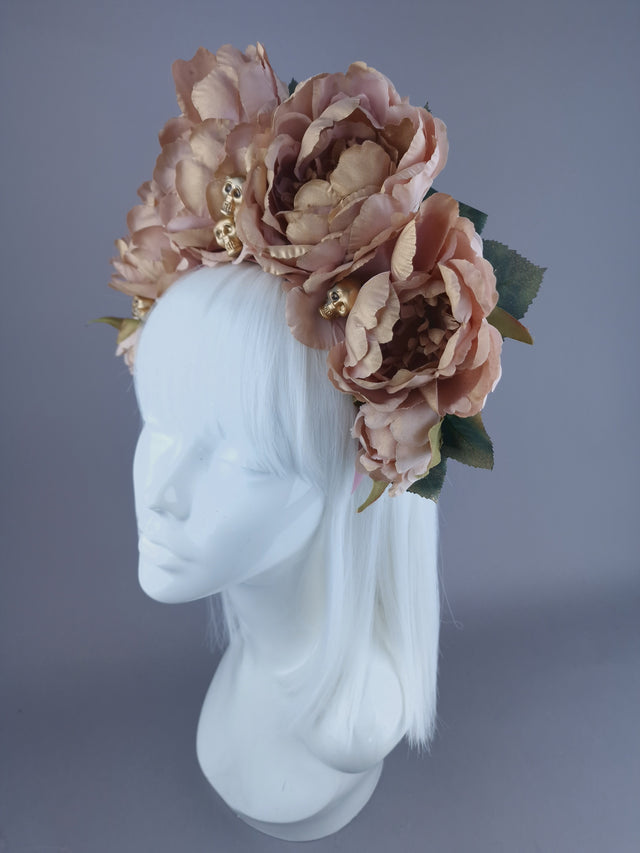 "Sunset" Dusky Pink/Gold Rose Flower Headdress & Skulls