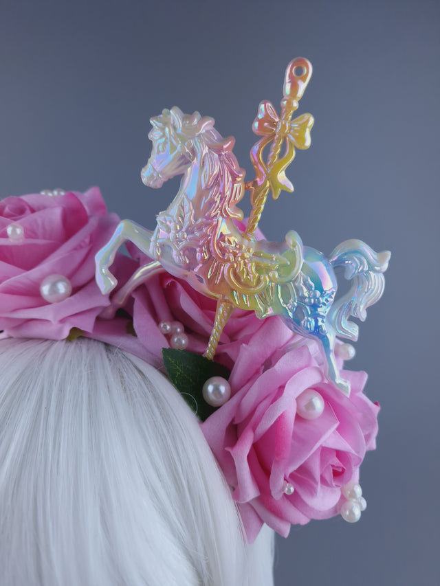 "Spin" Velvet Pink Rose, Pearls & Carousel Horse Headdress