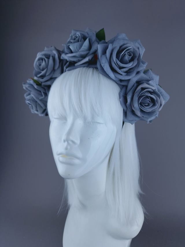 "Eva" Grey Velvet Rose Flower Headdress & Neckpiece