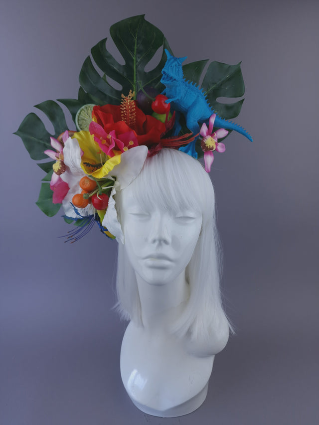 Pearls & Swine: Maximalist Tropical Floral Headpiece with Dinosaur "Jungle Boogie"