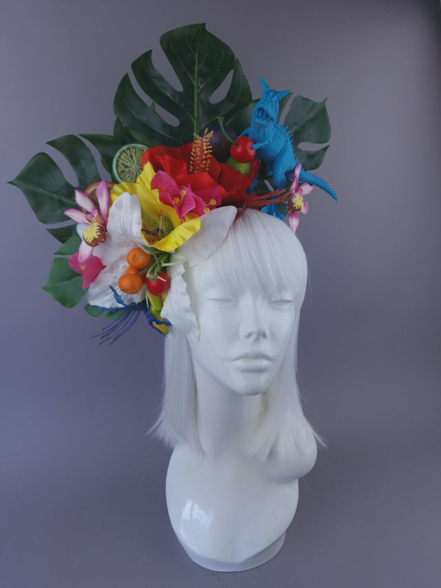 Pearls & Swine: Maximalist Tropical Floral Headpiece with Dinosaur "Jungle Boogie"