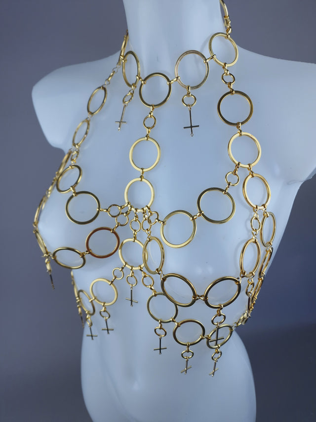 "Fiend" Gold Ring & Upside Down Crosses Jewellery Harness