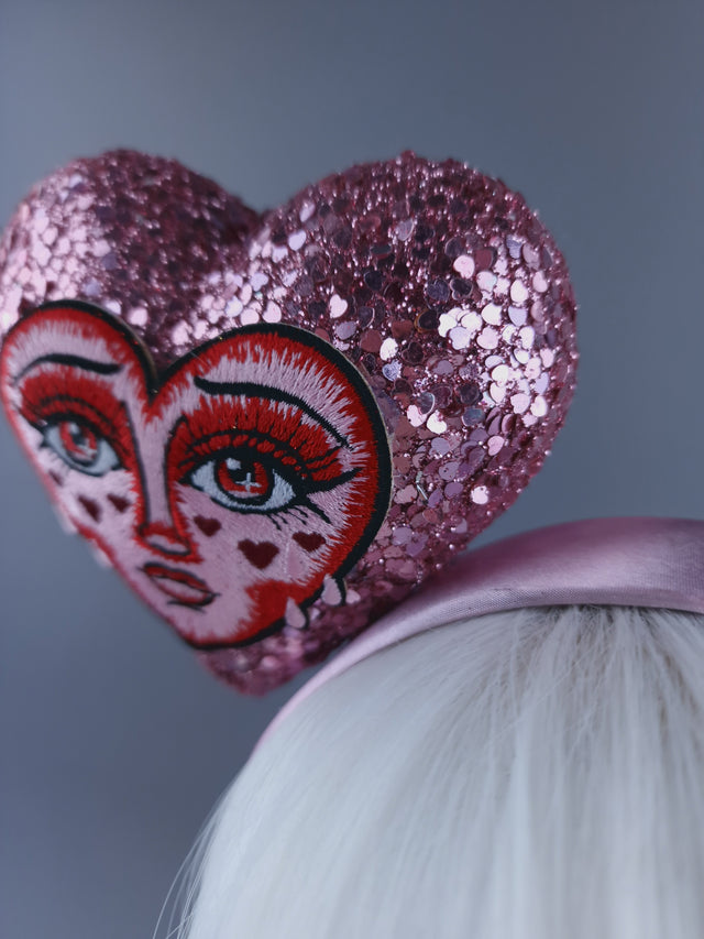 "Crush" Pink Glitter Heart with Embroidery Face Headdress