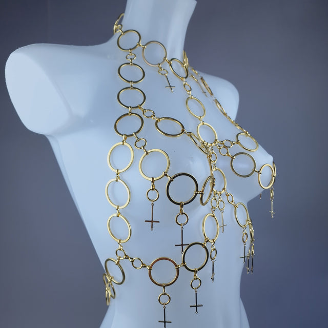 "Fiend" Gold Ring & Upside Down Crosses Jewellery Harness