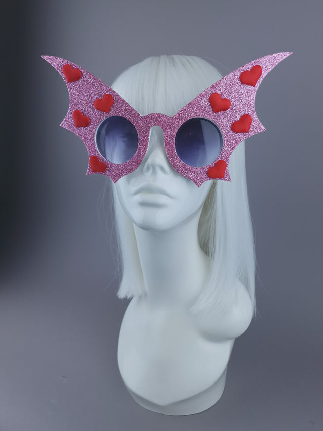 Peaeks & Swine: Pink Glitter & Red Heart Bat Wing Sunglasses "The Night Flier"
