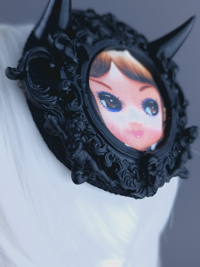 "Little Devil" Black Filigree Bradley Doll Face Mini Fascinator with Horns