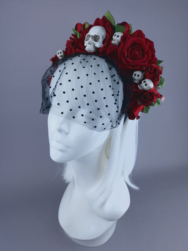 "Dearly Beloved" Red Rose, Skull Veil Headdress